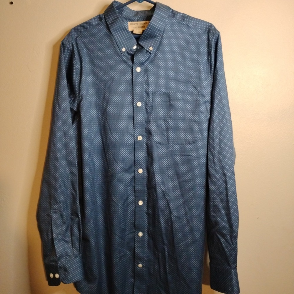 Duluth Trading Co Button Down, Men, L Tall Blue Wrinklefighter Slim Fit Shirt